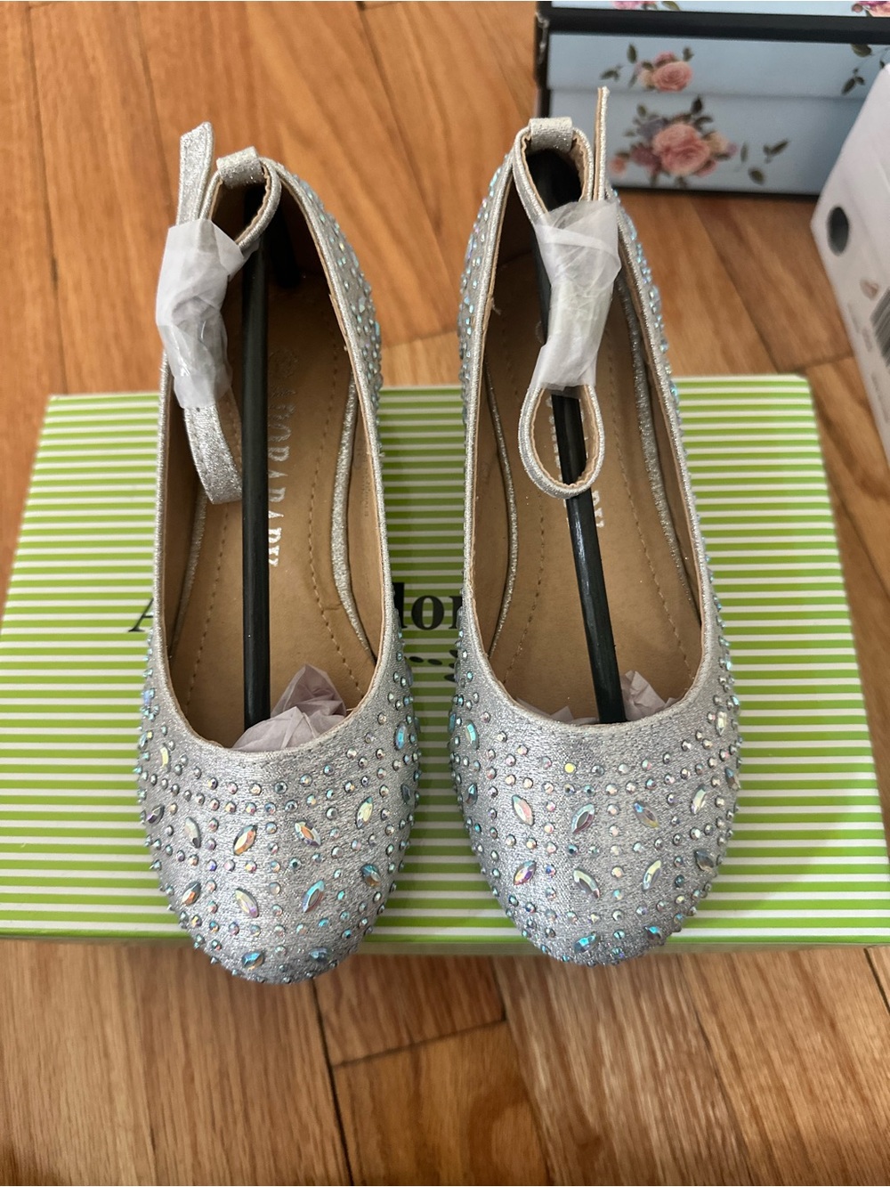 Girls Sparkling Silver Rhinestone Ballet Flats with Ankle Strap